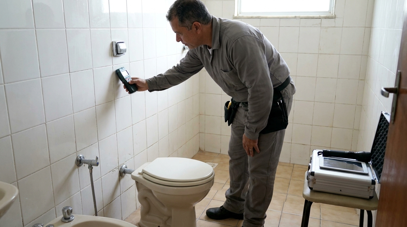 Técnico de caça vazamento analisando tubulação em Carapicuíba‑SP