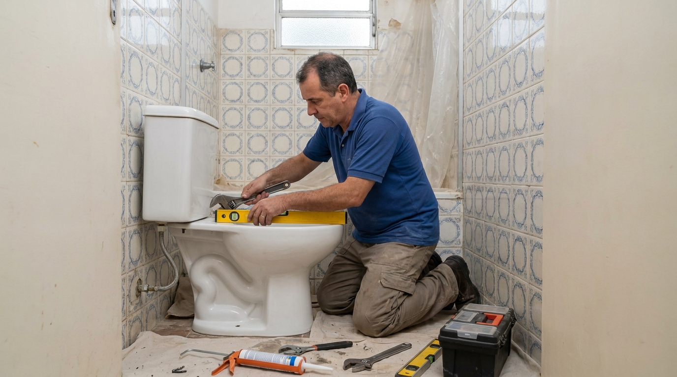Técnico instalando vaso sanitário em Carapicuíba‑SP